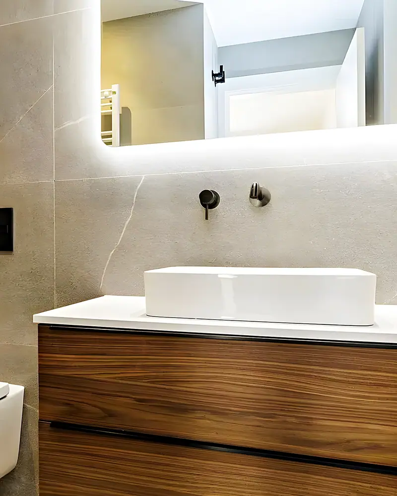 Baño con porcelánico efecto piedra, mueble de nogal, lavabo sobre encimera y espejo retroiluminado