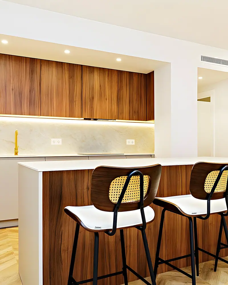 Cocina con muebles altos de nogal, isla con taburetes de rejilla y encimera clara